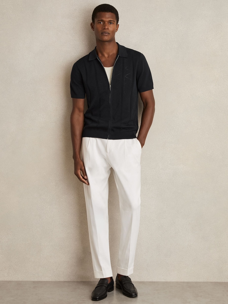 Reiss Navy Tay Pointelle-Knit Zip-Through Shirt - Image 3 of 6