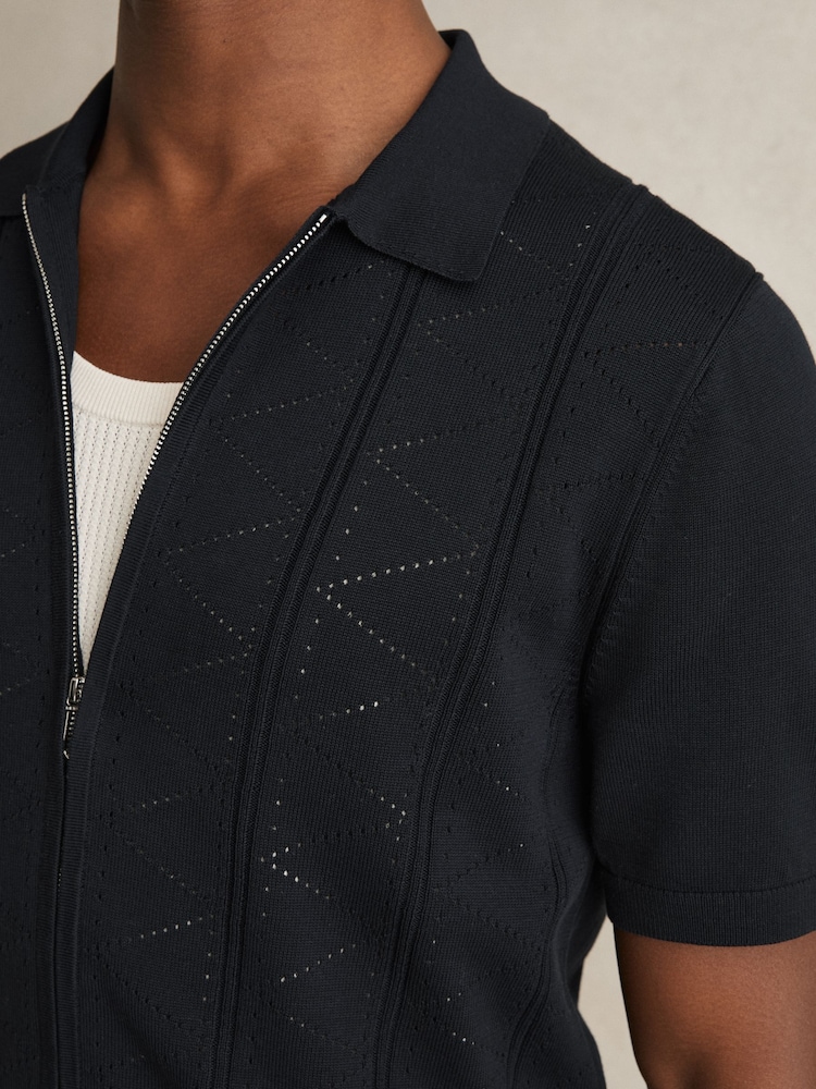 Reiss Navy Tay Pointelle-Knit Zip-Through Shirt - Image 5 of 6