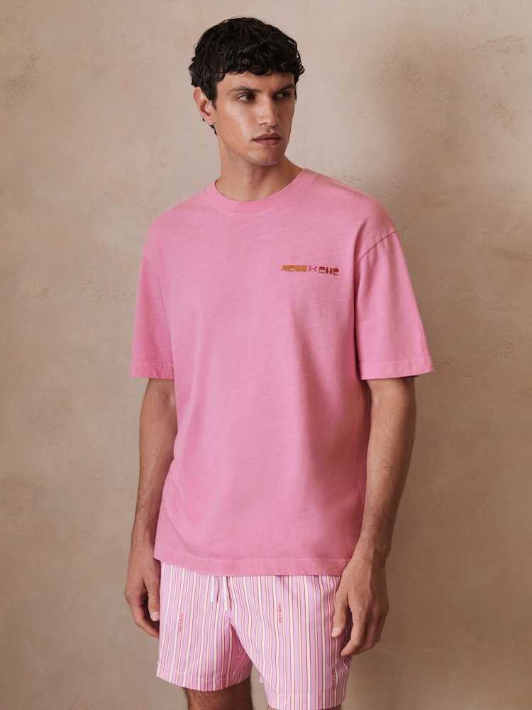 Reiss Pink Brava Reiss | Ché Cotton-Linen Sunset T-Shirt - Image 1 of 6