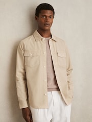 Reiss Stone Malaki Cotton Twill Twin Pocket Overshirt With Stretch - Image 1 of 7
