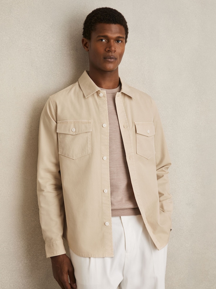 Reiss Stone Malaki Cotton Twill Twin Pocket Overshirt With Stretch - Image 1 of 7