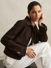 Reiss Chocolate Brown Hanson Suede Trucker Jacket - Image 1 of 6