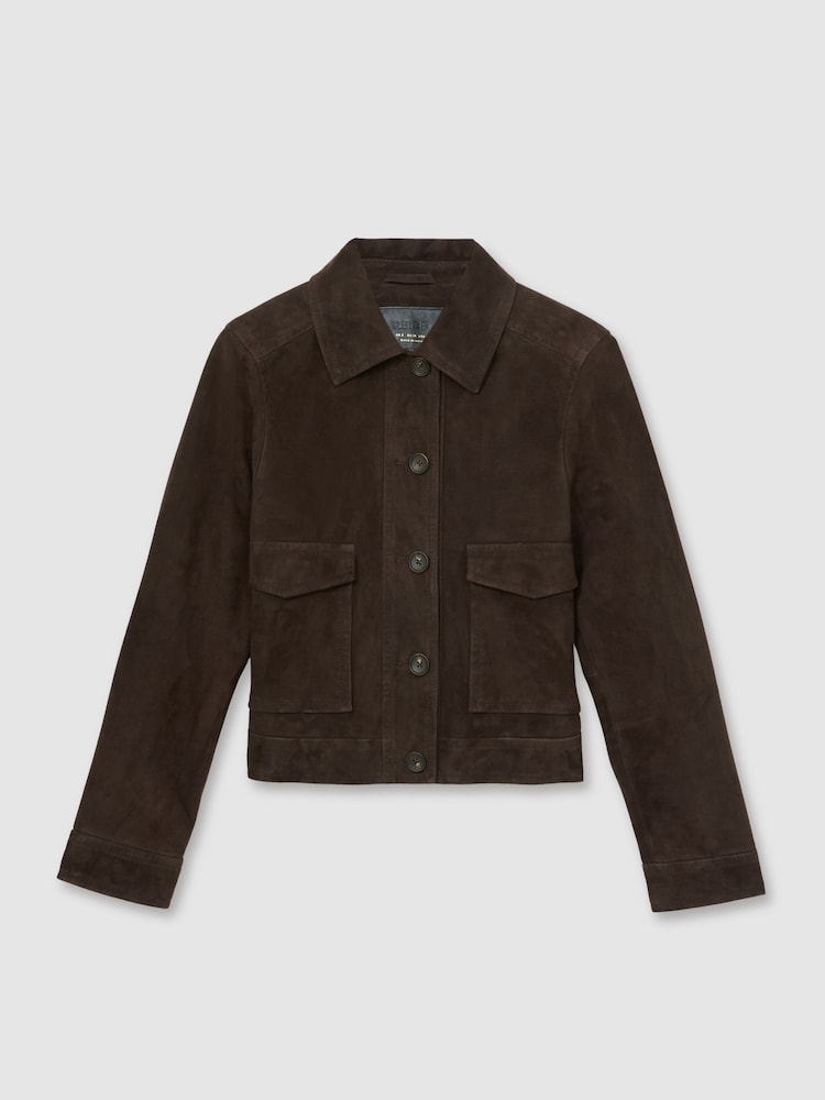Reiss Chocolate Brown Hanson Suede Trucker Jacket - Image 2 of 6