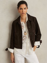 Reiss Chocolate Brown Hanson Suede Trucker Jacket - Image 4 of 6