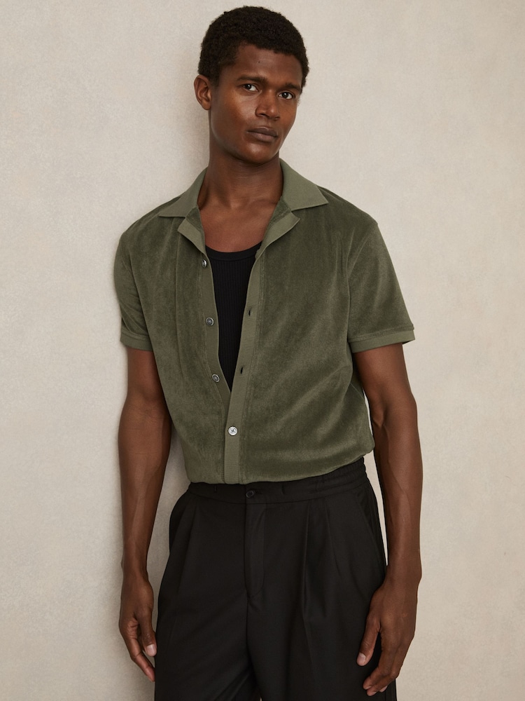 Reiss Green Eden Cotton Blend Towelling Shirt - Image 1 of 5