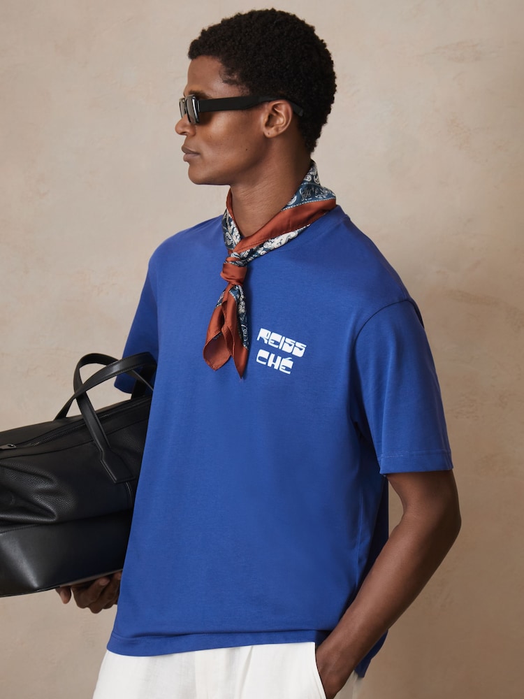 Reiss Blue Roda Reiss | Ché Cotton Palm-Print T-Shirt - Image 1 of 5