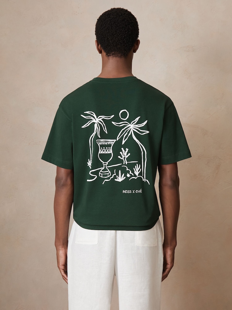 Reiss Green Artola Reiss | Ché Cotton Palm-Tree T-Shirt - Image 1 of 6