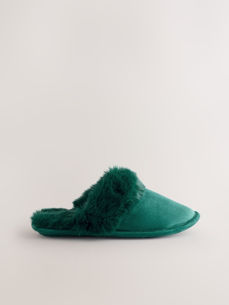 Green Faux Fur Suede Mule Slippers - Image 1 of 7