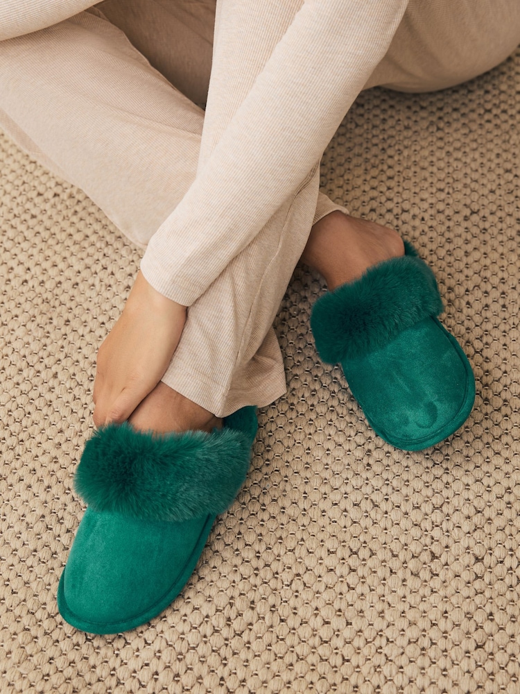 Green Faux Fur Suede Mule Slippers - Image 2 of 7