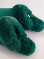 Green Faux Fur Suede Mule Slippers - Image 6 of 7