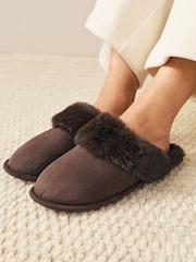 Chocolate Brown Faux Fur Suede Mule Slippers - Image 1 of 7