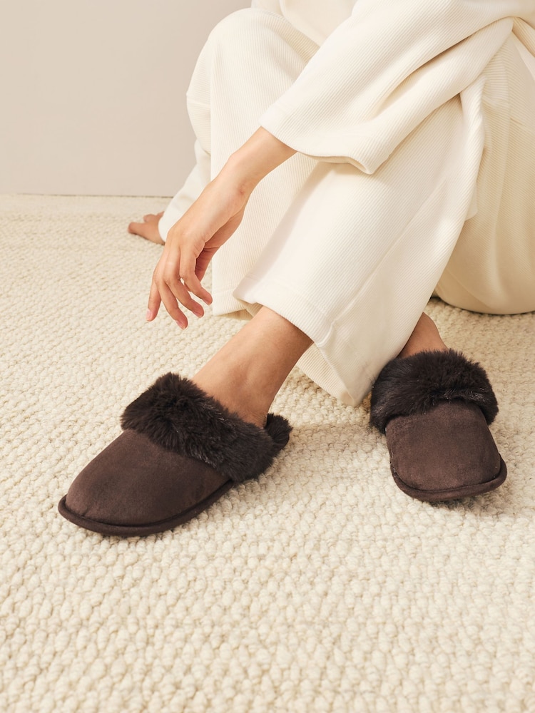 Chocolate Brown Faux Fur Suede Mule Slippers - Image 2 of 7