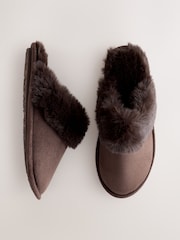 Chocolate Brown Faux Fur Suede Mule Slippers - Image 3 of 7