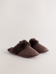 Chocolate Brown Faux Fur Suede Mule Slippers - Image 5 of 7