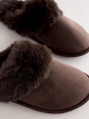 Chocolate Brown Faux Fur Suede Mule Slippers - Image 6 of 7