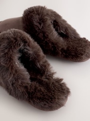 Chocolate Brown Faux Fur Suede Mule Slippers - Image 7 of 7