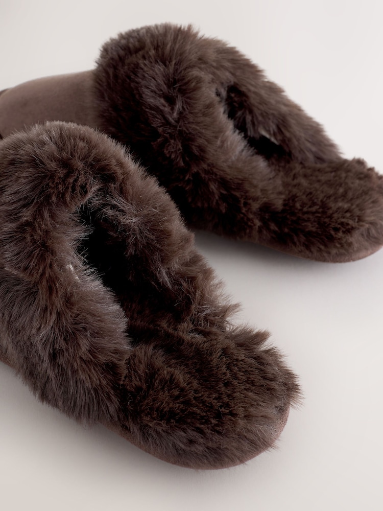 Chocolate Brown Faux Fur Suede Mule Slippers - Image 7 of 7
