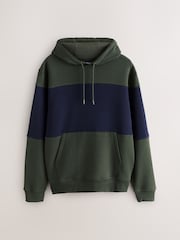 Navy Blue/Khaki Green Overhead Hoodie Colour Blocking Sweatshirt - Image 1 of 3