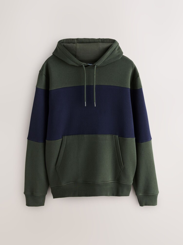 Navy Blue/Khaki Green Overhead Hoodie Colour Blocking Sweatshirt - Image 1 of 3 Navy Blue/Khaki Green Overhead Hoodie Colour Blocking Sweatshirt - Image 1 of 3