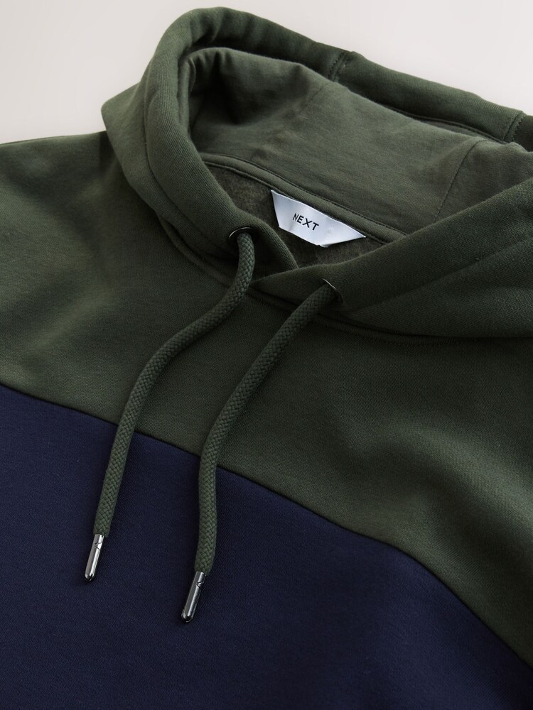 Navy Blue/Khaki Green Overhead Hoodie Colour Blocking Sweatshirt - Image 2 of 3 Navy Blue/Khaki Green Overhead Hoodie Colour Blocking Sweatshirt - Image 2 of 3