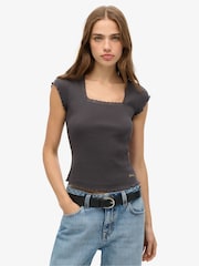 Superdry Grey Essential Square Neck Short Sleeve 100% Cotton T-Shirt - Image 1 of 6