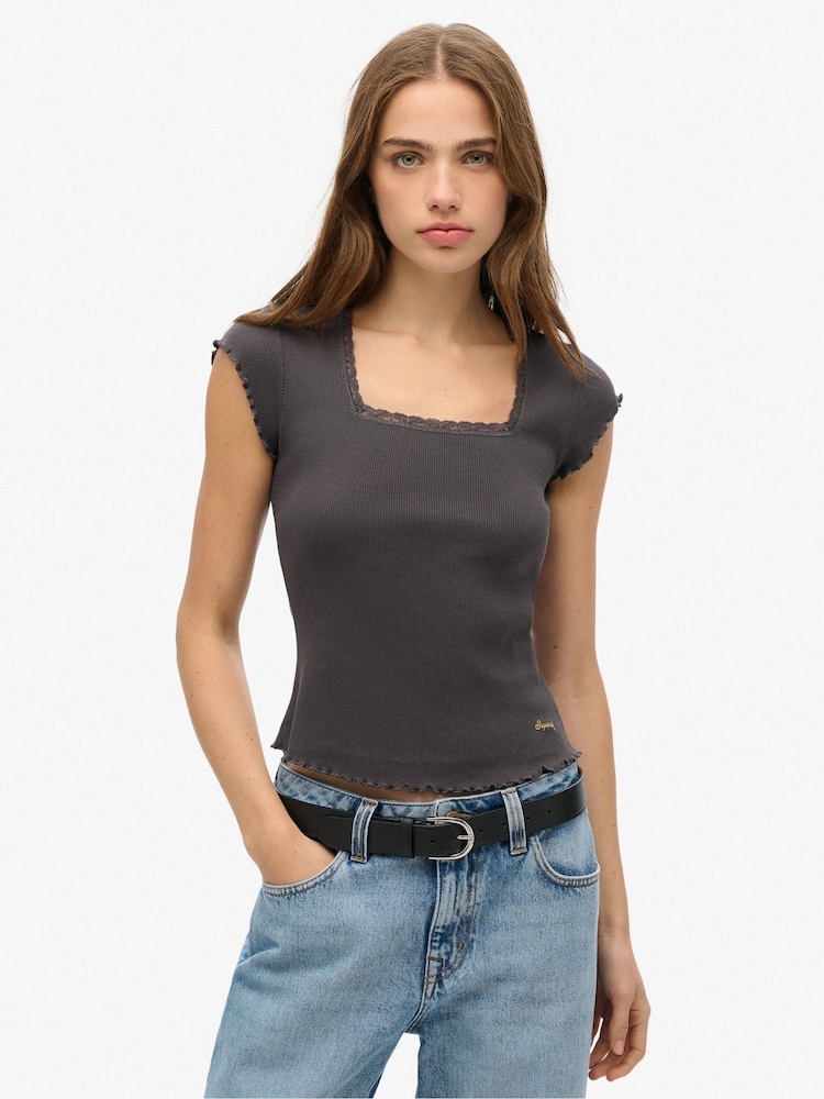 Superdry Grey Essential Square Neck Short Sleeve 100% Cotton T-Shirt - Image 1 of 6