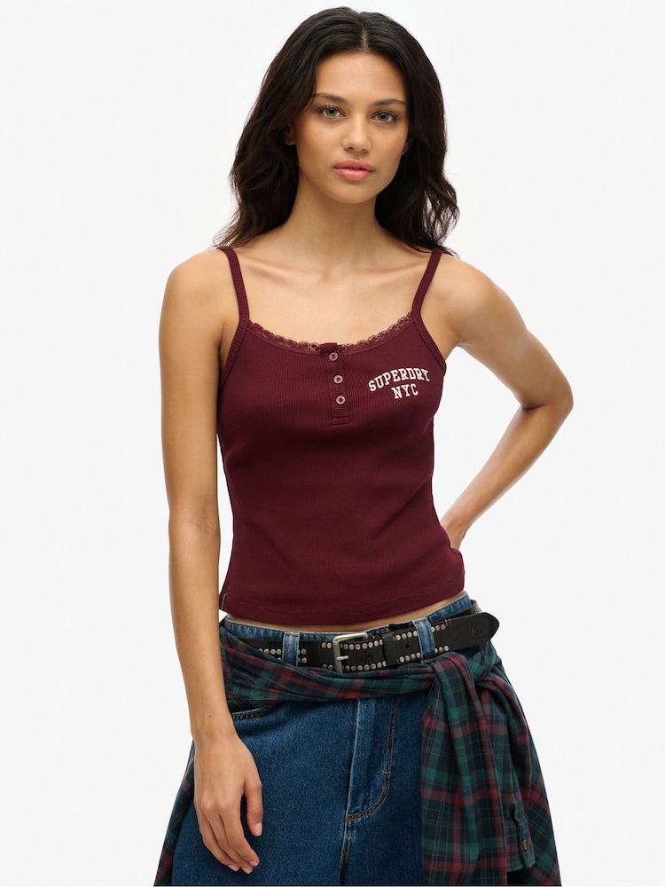 Superdry Purple Athletic Essentials Embroidered Button 100% Cotton Cami Top - Image 1 of 6