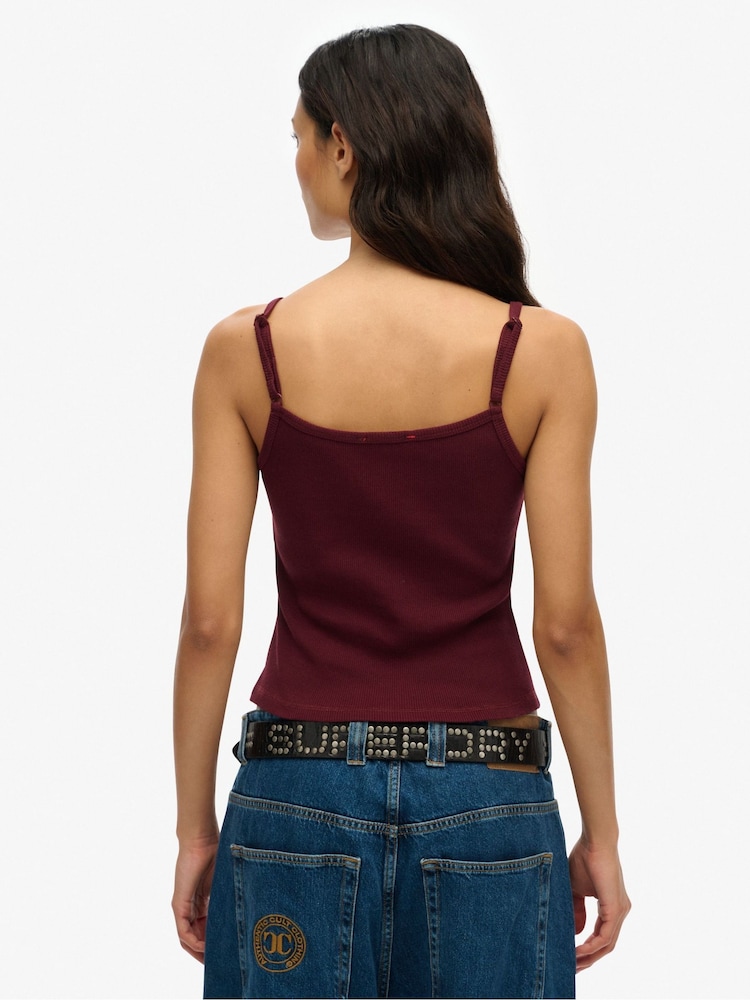 Superdry Purple Athletic Essentials Embroidered Button 100% Cotton Cami Top - Image 2 of 6