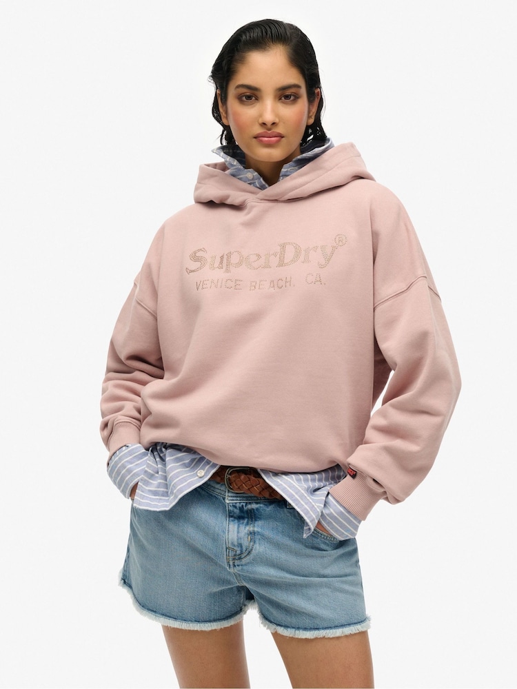 Superdry Pink Venue Metallic Relaxed 100% Cotton Hoodie - Image 1 of 4 Superdry Pink Venue Metallic Relaxed 100% Cotton Hoodie - Image 1 of 4