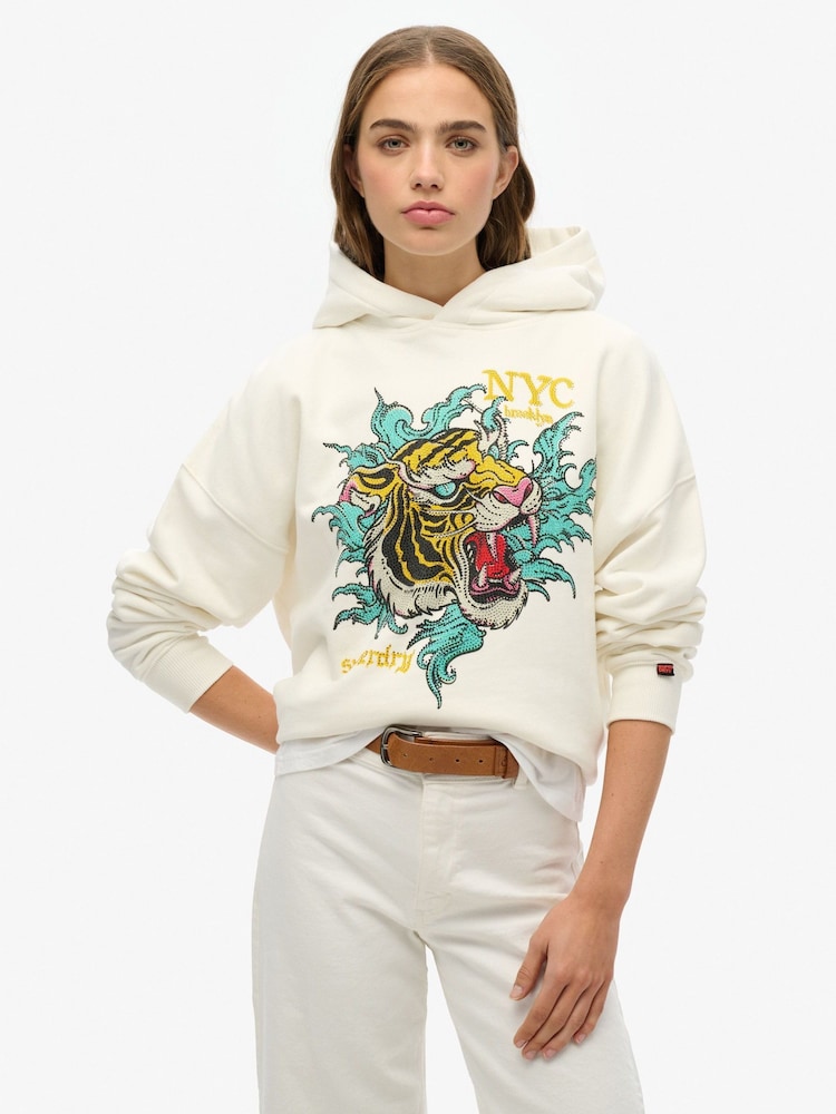 Superdry White Neo Trad Tattoo Relaxed 100% Cotton Hoodie - Image 1 of 4