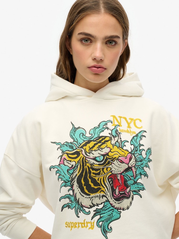 Superdry White Neo Trad Tattoo Relaxed 100% Cotton Hoodie - Image 4 of 4
