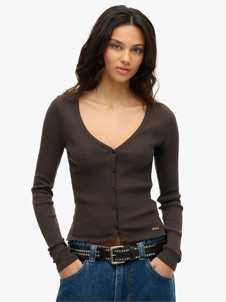 Superdry Brown 100% Cotton Essential Button Long Sleeve Top - Image 1 of 5
