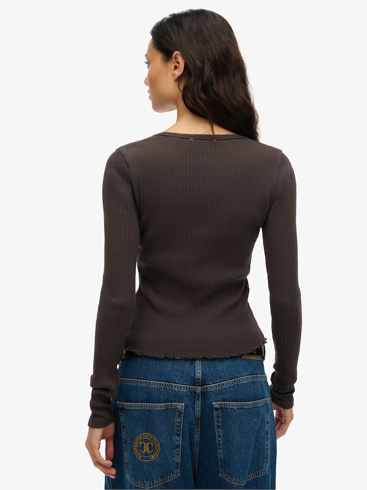 Superdry Brown 100% Cotton Essential Button Long Sleeve Top - Image 2 of 5