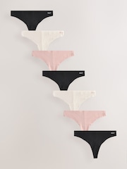 Black/Cream/Pink Thong Cotton Blend No VPL Knickers 7 Pack - Image 1 of 13