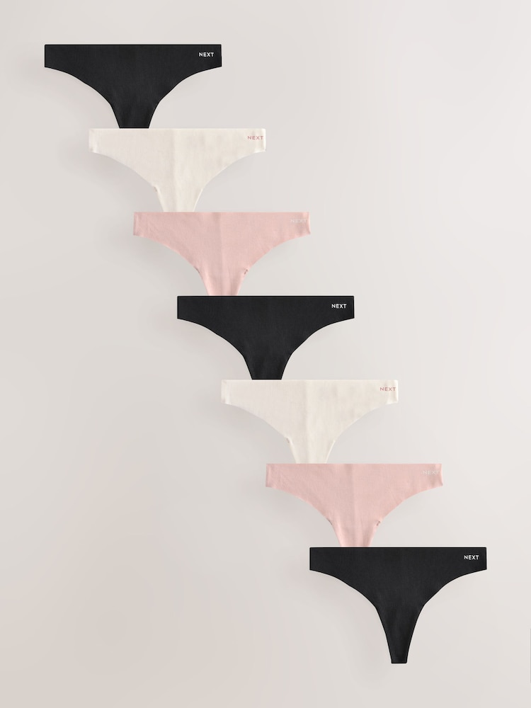 Black/Cream/Pink Thong Cotton Blend No VPL Knickers 7 Pack - Image 1 of 13