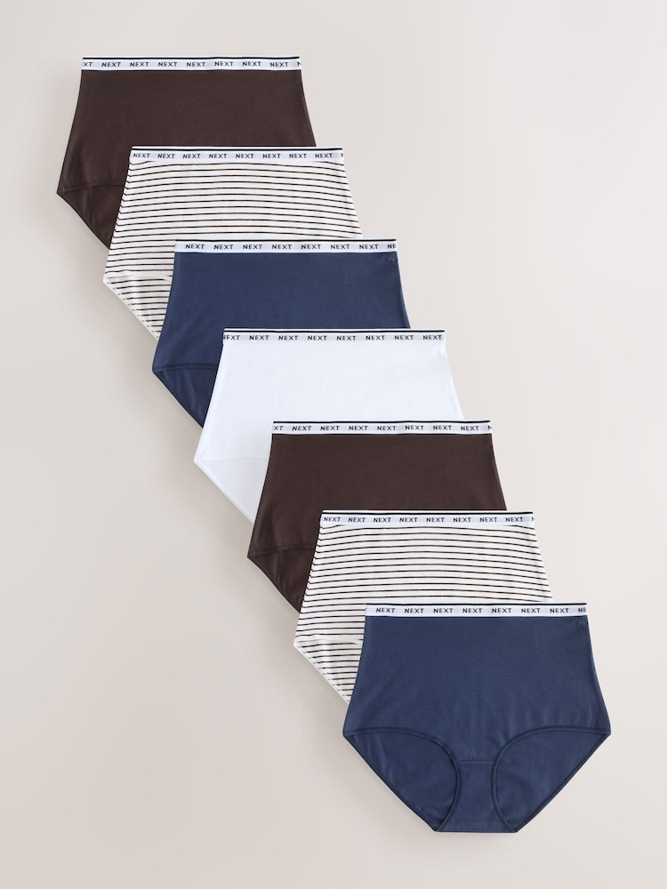 Navy/Chocolate Stripe Full Brief Cotton Logo Knickers 7 Pack - Image 1 of 13 Navy/Chocolate Stripe Full Brief Cotton Logo Knickers 7 Pack - Image 1 of 13