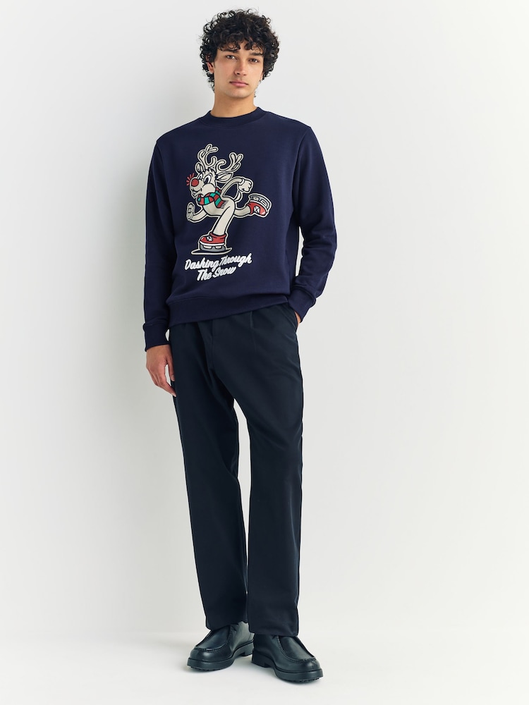 Navy Blue Rudolph Graphic Pattern Christmas Crew Sweatshirt - Image 1 of 5