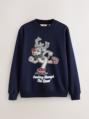 Navy Blue Rudolph Graphic Pattern Christmas Crew Sweatshirt - Image 3 of 5