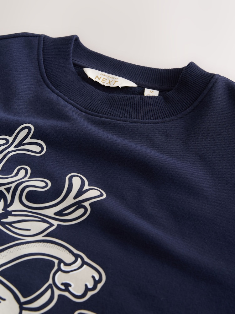 Navy Blue Rudolph Graphic Pattern Christmas Crew Sweatshirt - Image 5 of 5