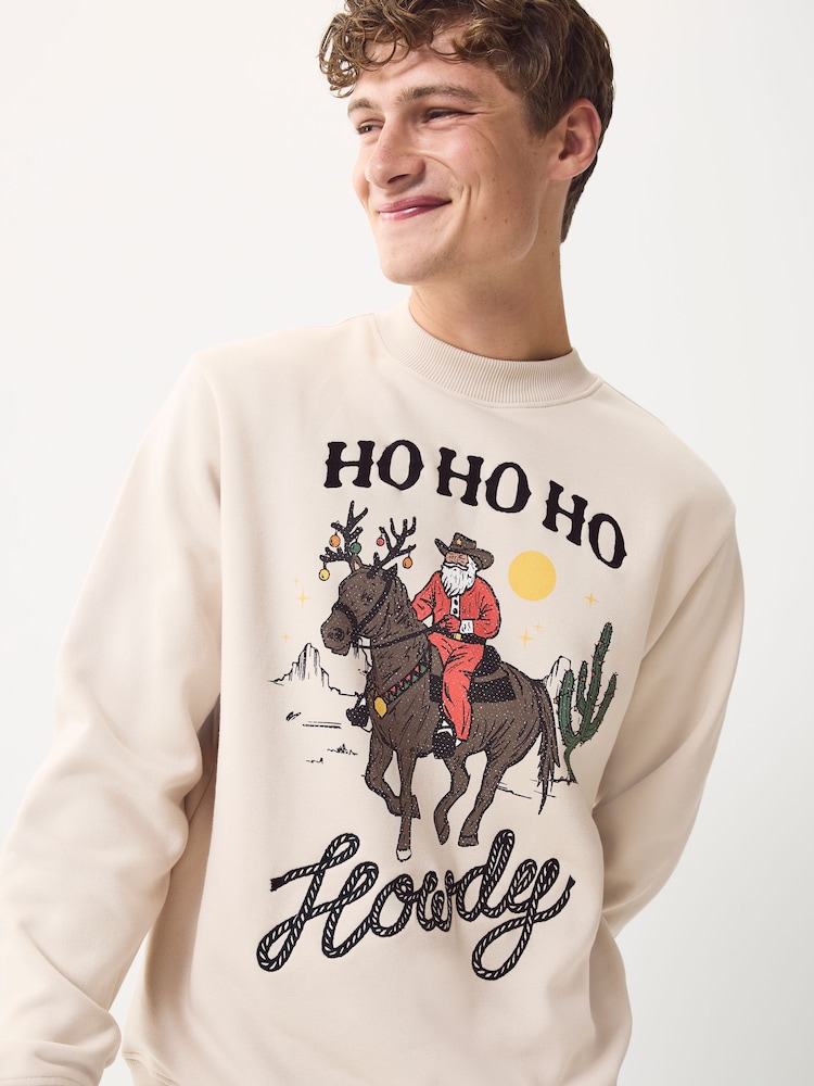 Ecru White Western Graphic Pattern Christmas Crew Sweatshirt - Image 1 of 8