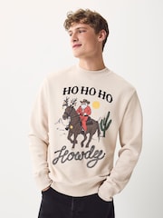 Ecru White Western Graphic Pattern Christmas Crew Sweatshirt - Image 2 of 8