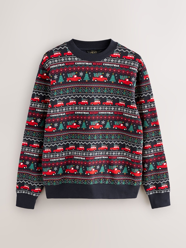 Navy Blue Fairisle Pattern Christmas Crew Sweatshirt - Image 1 of 3 Navy Blue Fairisle Pattern Christmas Crew Sweatshirt - Image 1 of 3