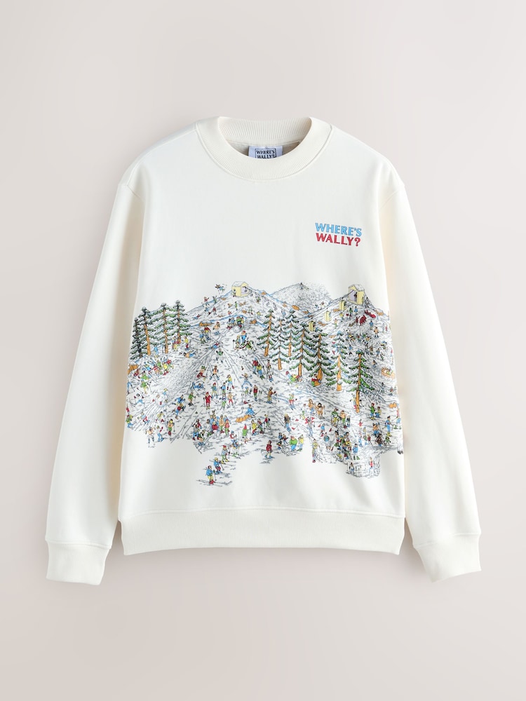 Ecru White Wheres Wally Christmas Licence Graphic Crew Sweatshirt - Image 1 of 7 Ecru White Wheres Wally Christmas Licence Graphic Crew Sweatshirt - Image 1 of 7