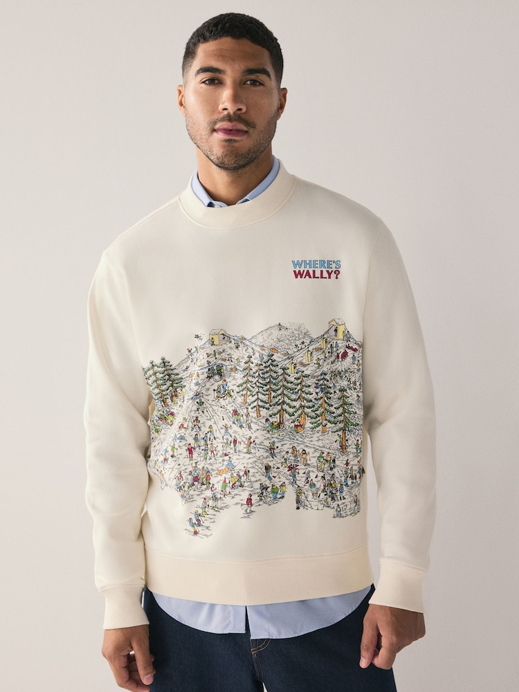 Ecru White Wheres Wally Christmas Licence Graphic Crew Sweatshirt - Image 2 of 7 Ecru White Wheres Wally Christmas Licence Graphic Crew Sweatshirt - Image 2 of 7