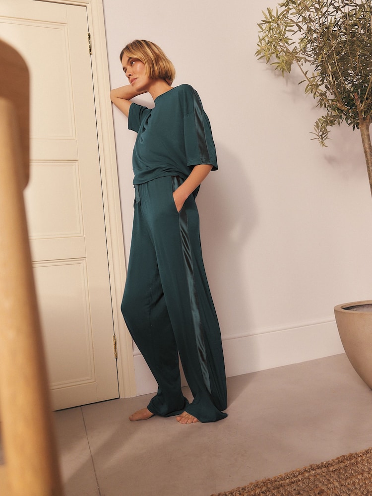 Blue Jersey Satin Mix Short Sleeve Pyjamas - Image 2 of 5 Blue Jersey Satin Mix Short Sleeve Pyjamas - Image 2 of 5