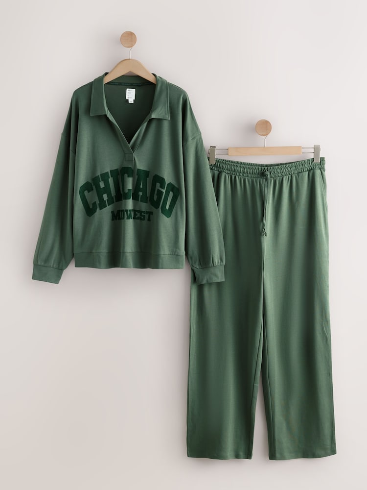 Khaki Green City Graphic Long Sleeve Pyjamas - Image 1 of 9 Khaki Green City Graphic Long Sleeve Pyjamas - Image 1 of 9