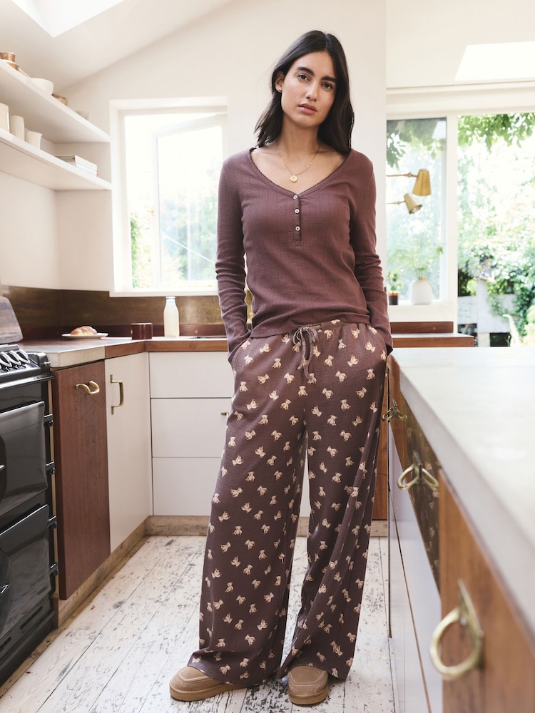 Chocolate Brown Teddy 100% Cotton Pointelle Long Sleeve Pyjamas - Image 1 of 9 Chocolate Brown Teddy 100% Cotton Pointelle Long Sleeve Pyjamas - Image 1 of 9
