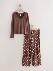 Chocolate Brown Teddy 100% Cotton Pointelle Long Sleeve Pyjamas - Image 7 of 9