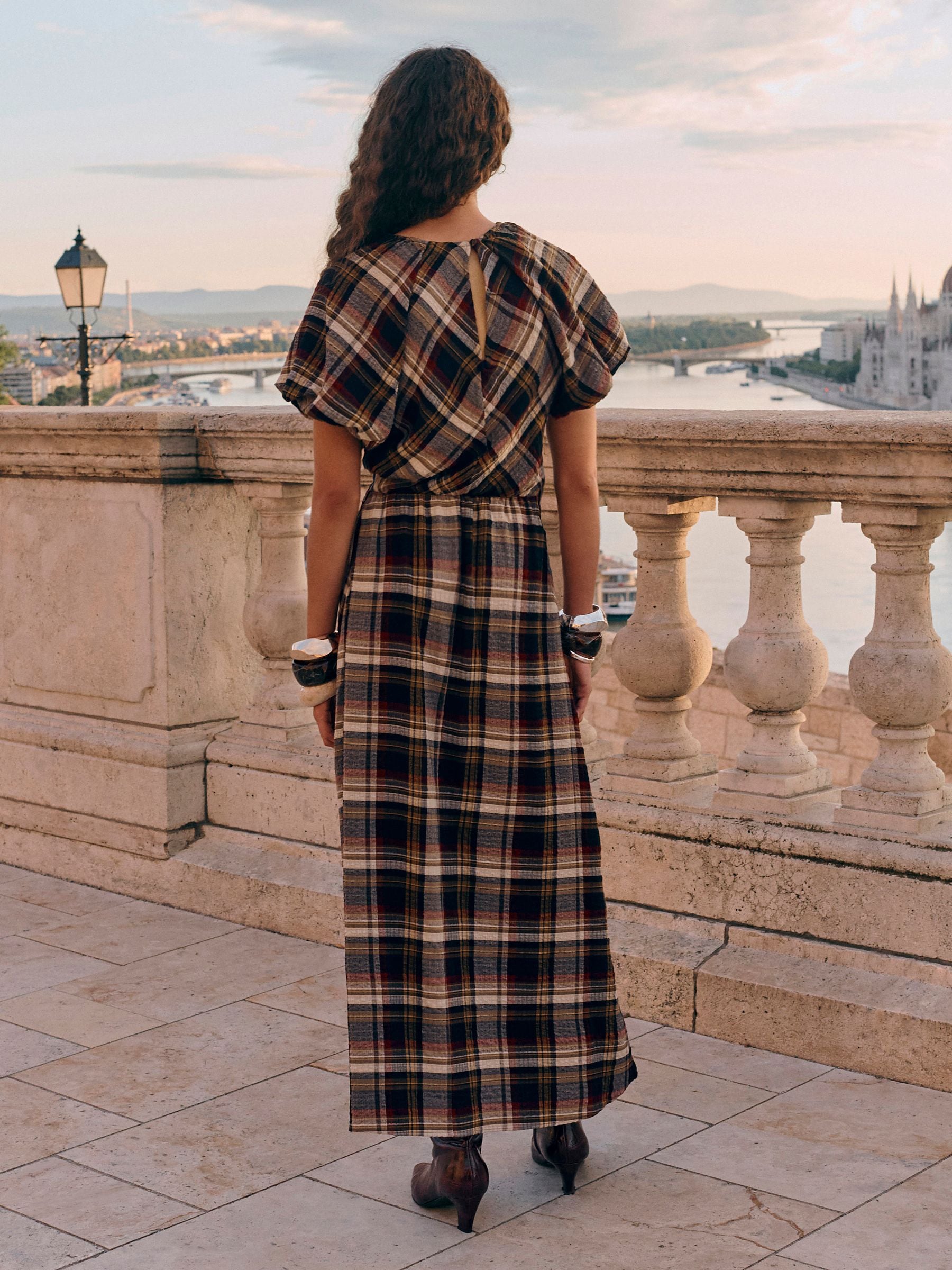 Buy Brown Check Puff Sleeve Midi Dress from Next USA