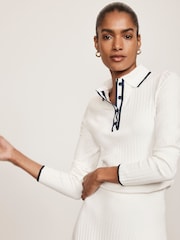 Mint Velvet White Ribbed Contrast Trim Polo Shirt - Image 3 of 6